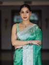 Banarasee Tissue Hand Embroidered Mirror Work Saree With Polka Dots Zari Border & Lace-Green