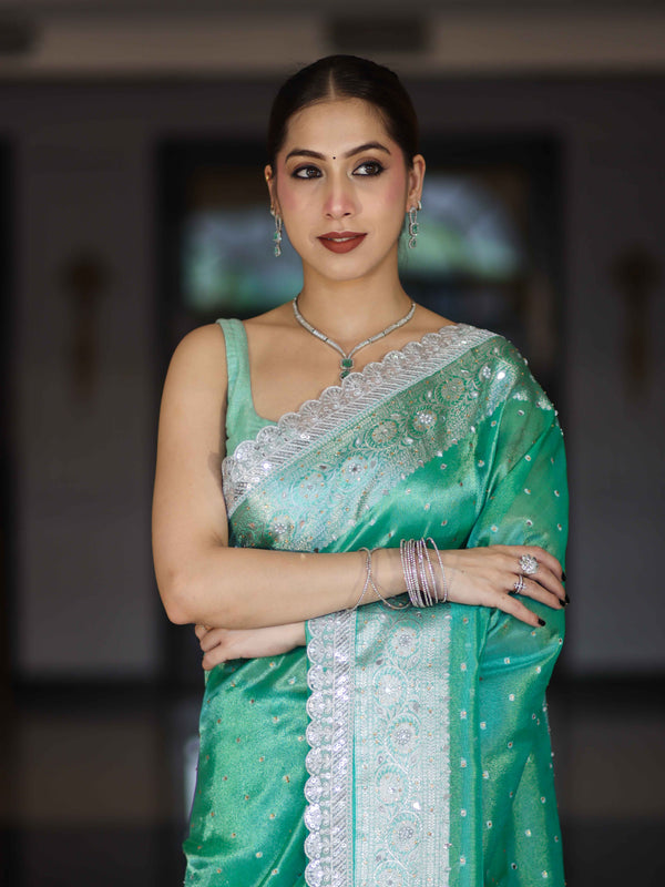 Banarasee Tissue Hand Embroidered Mirror Work Saree With Polka Dots Zari Border & Lace-Green