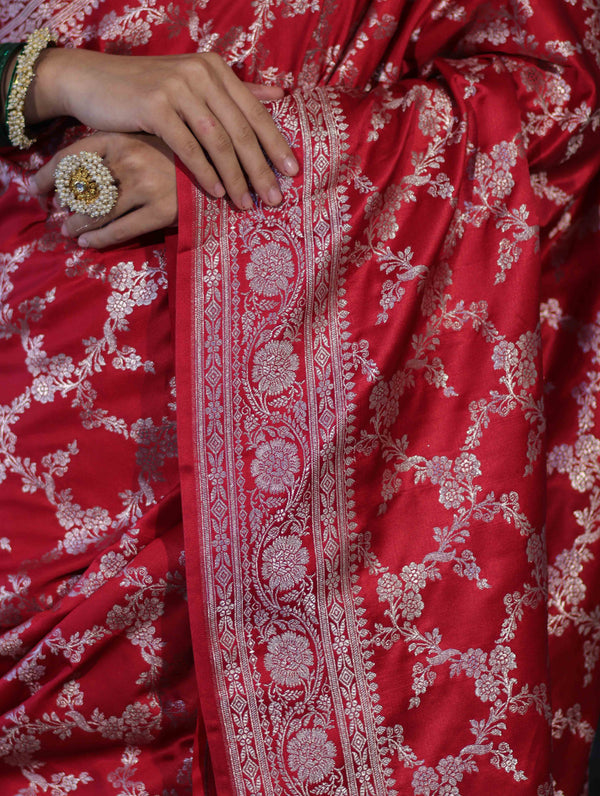 Banarasee Handloom Mashru Silk Saree With Zari Jaal Work & Floral Border-Red