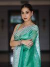 Banarasee Tissue Hand Embroidered Mirror Work Saree With Polka Dots Zari Border & Lace-Green