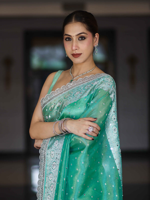 Banarasee Tissue Hand Embroidered Mirror Work Saree With Polka Dots Zari Border & Lace-Green