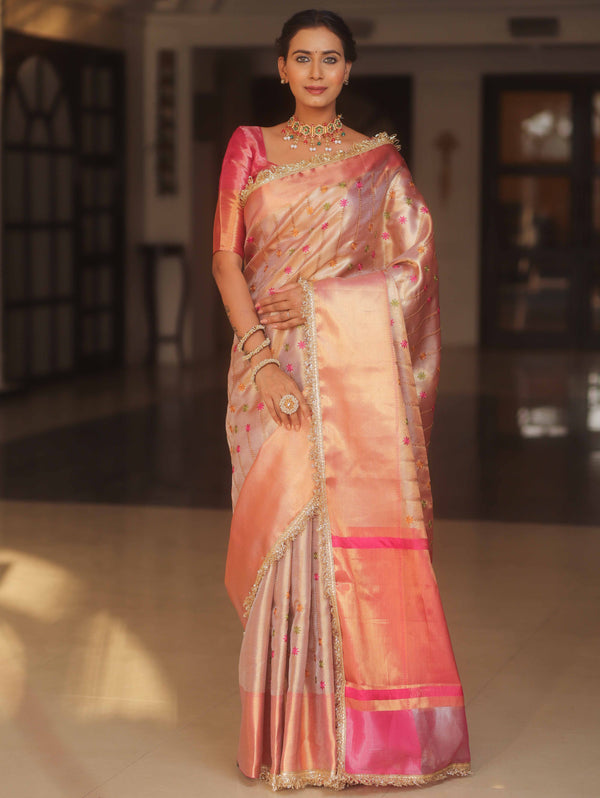 Banarasee Handwoven Embroidery Tissue Saree With Zari Broad Border & Lace-Pink