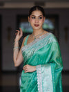 Banarasee Tissue Hand Embroidered Mirror Work Saree With Polka Dots Zari Border & Lace-Green