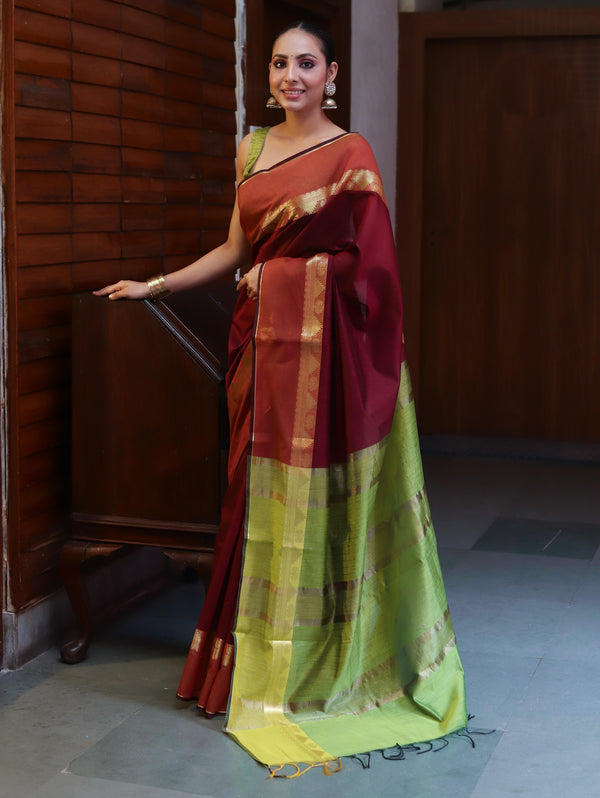 Banarasee Cotton Silk Saree With Gold Zari Border & Contrast Pallu-Burgundy & Green