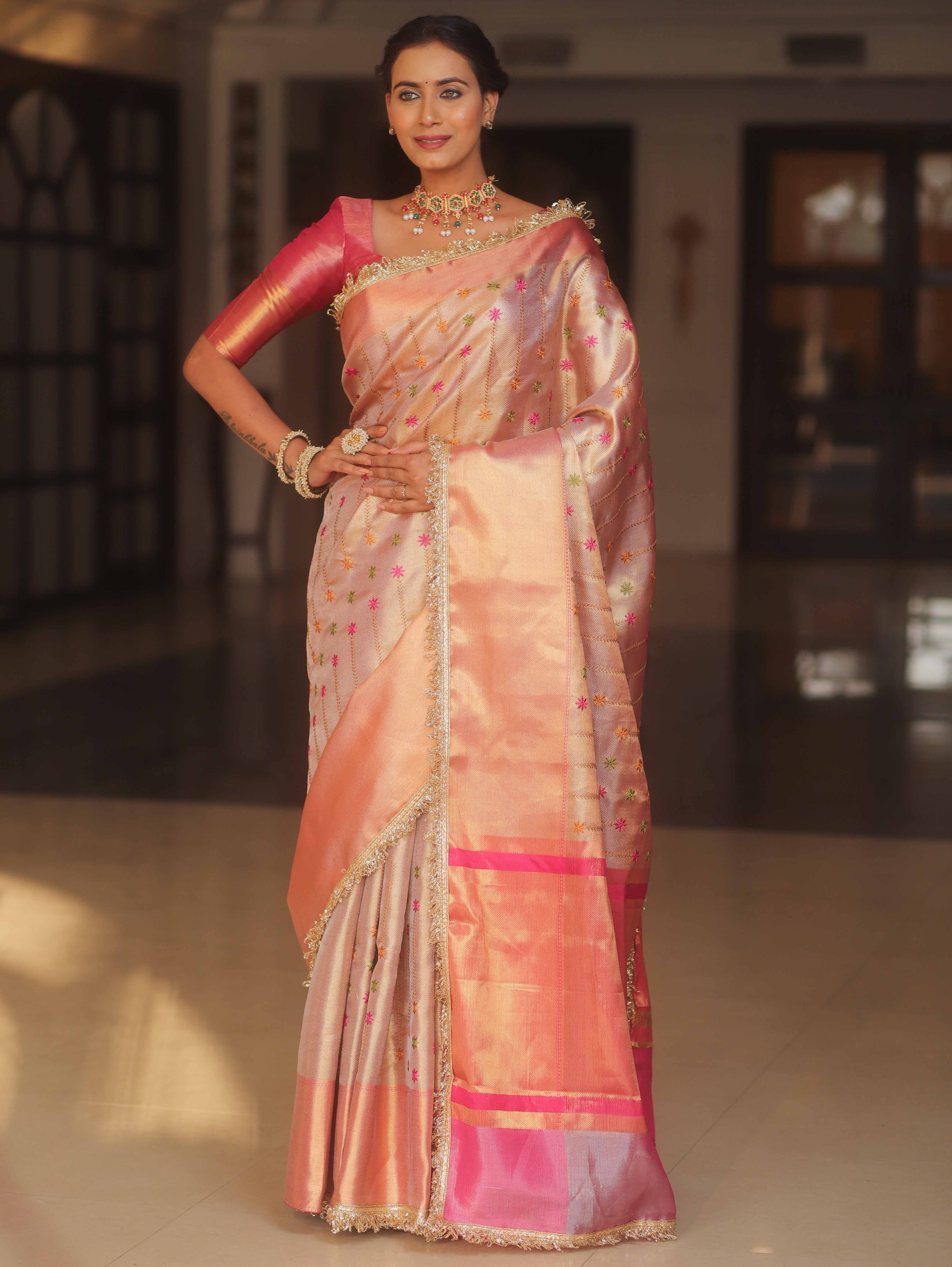 Banarasee Handwoven Embroidery Tissue Saree With Zari Broad Border & Lace-Pink