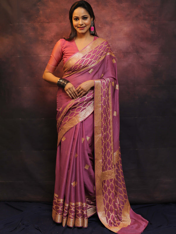 Banarasee Handwoven Pure Chiffon Sari With Zari Work-Onion Pink