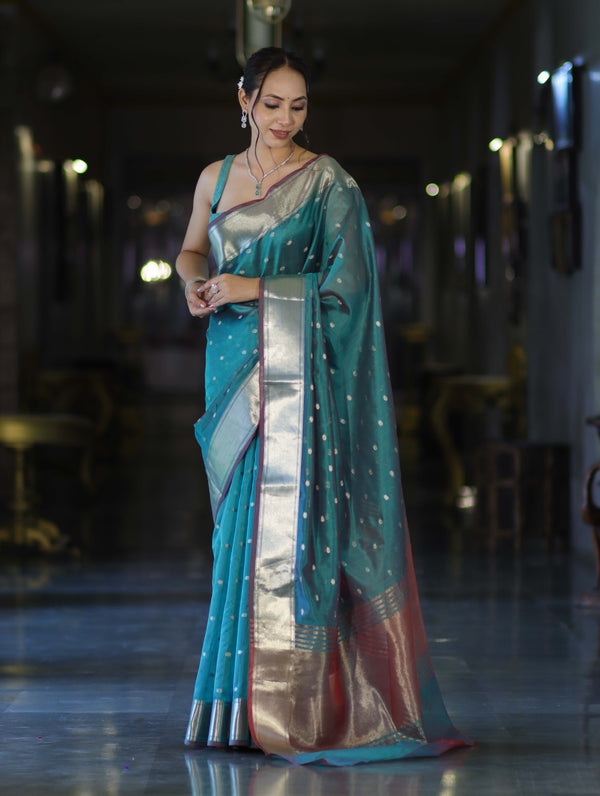 Banarasee Handloom Tissue Saree With Zari Buti Design & Border-Light Green