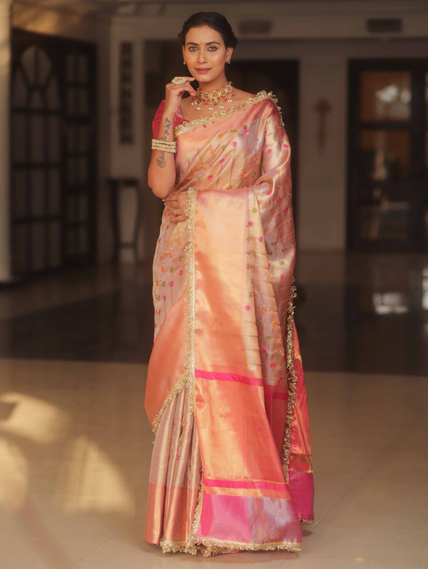 Banarasee Handwoven Embroidery Tissue Saree With Zari Broad Border & Lace-Pink