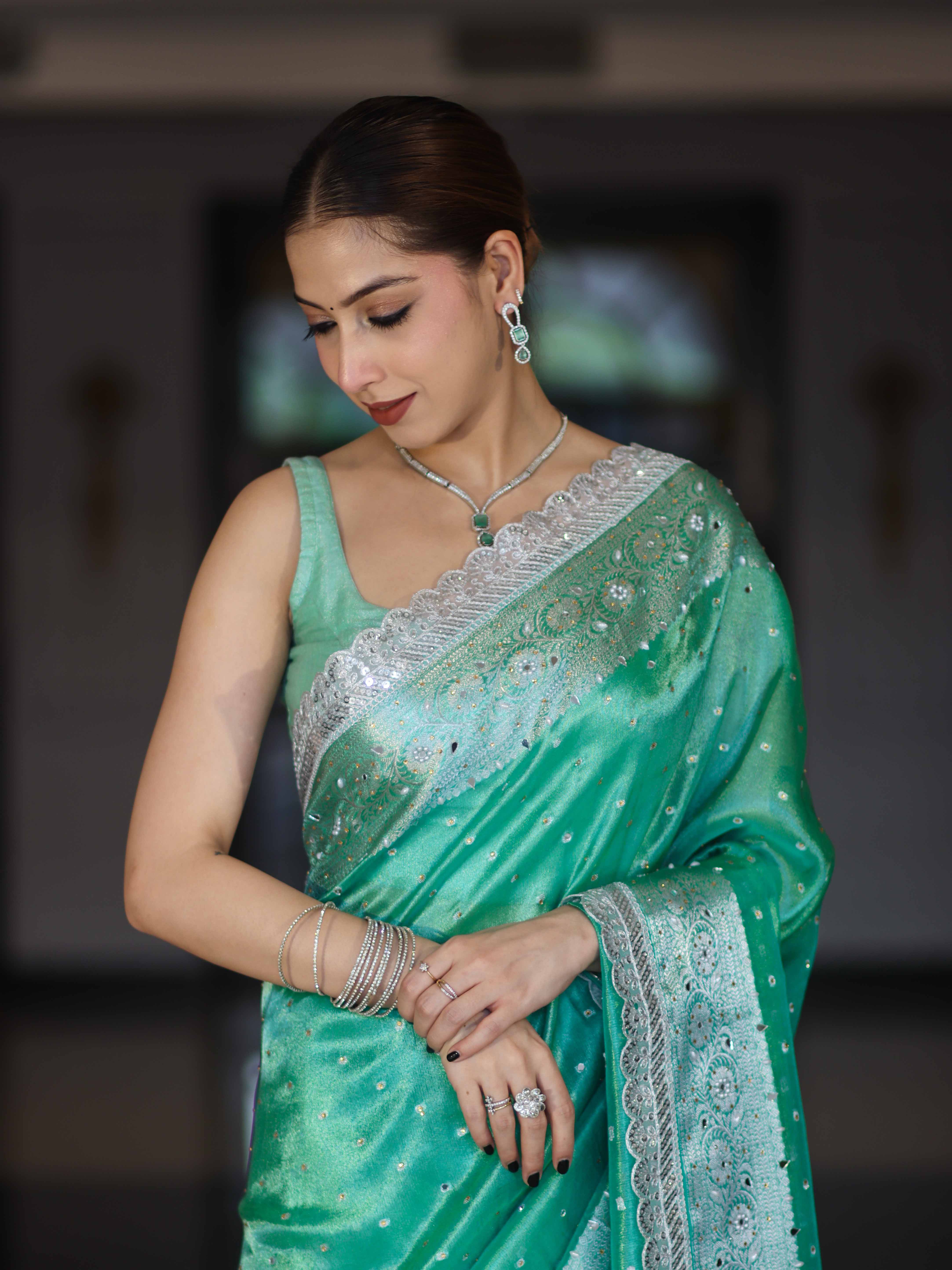 Banarasee Tissue Hand Embroidered Mirror Work Saree With Polka Dots Zari Border & Lace-Green
