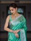 Banarasee Tissue Hand Embroidered Mirror Work Saree With Polka Dots Zari Border & Lace-Green