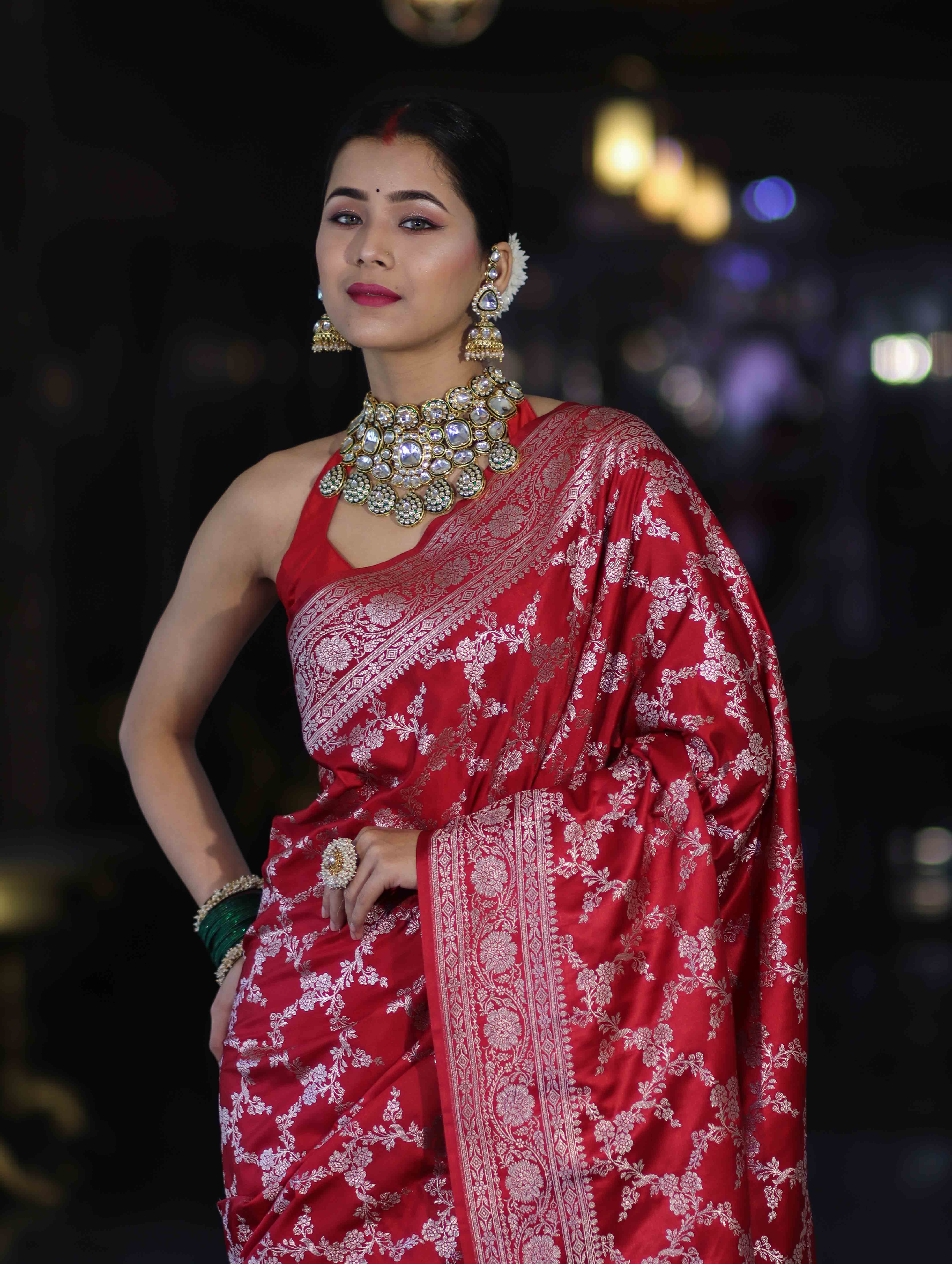 Banarasee Handloom Mashru Silk Saree With Zari Jaal Work & Floral Border-Red