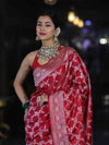 Banarasee Handloom Mashru Silk Saree With Zari Jaal Work & Floral Border-Red