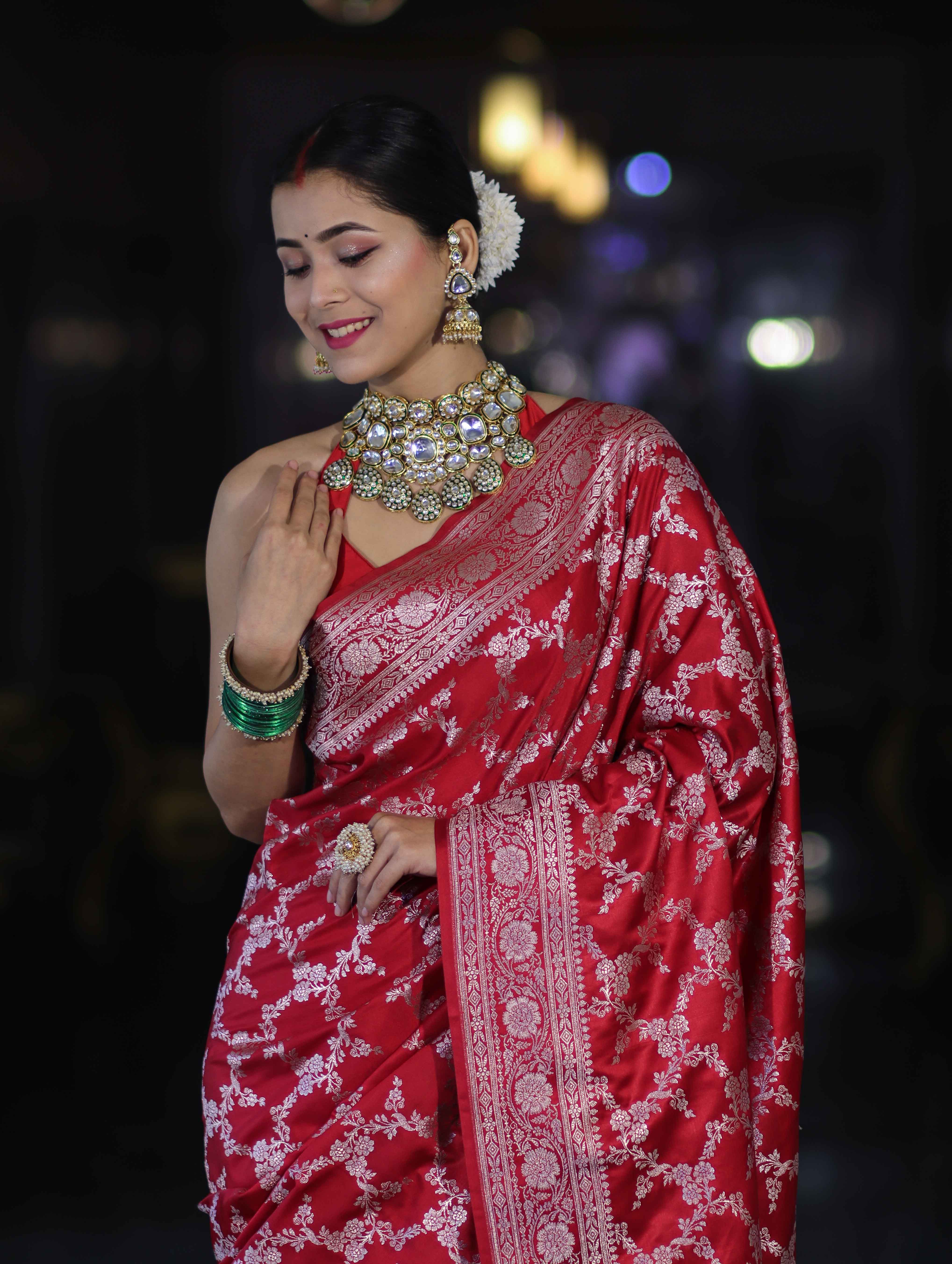 Banarasee Handloom Mashru Silk Saree With Zari Jaal Work & Floral Border-Red