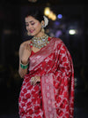 Banarasee Handloom Mashru Silk Saree With Zari Jaal Work & Floral Border-Red