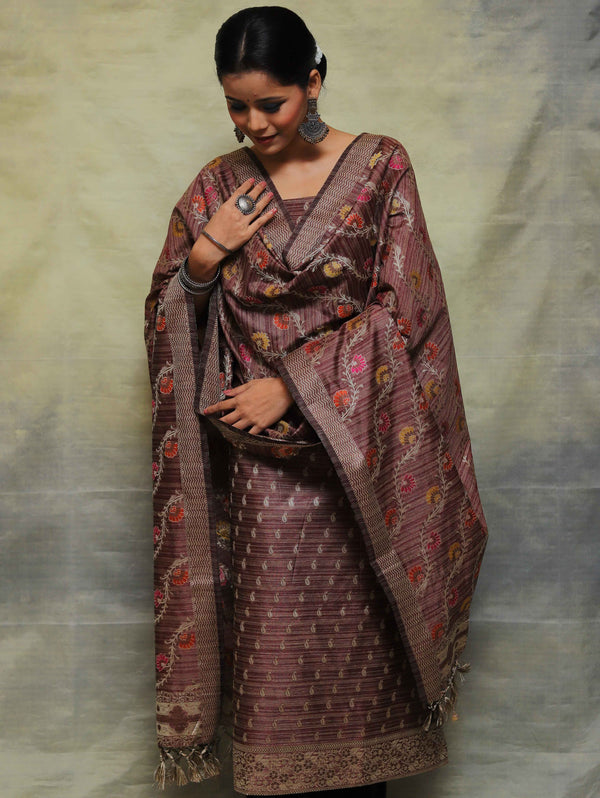Banarasee Salwar Kameez Cotton Silk Fabric With Multicolor Resham & Ghichha Work-Brown