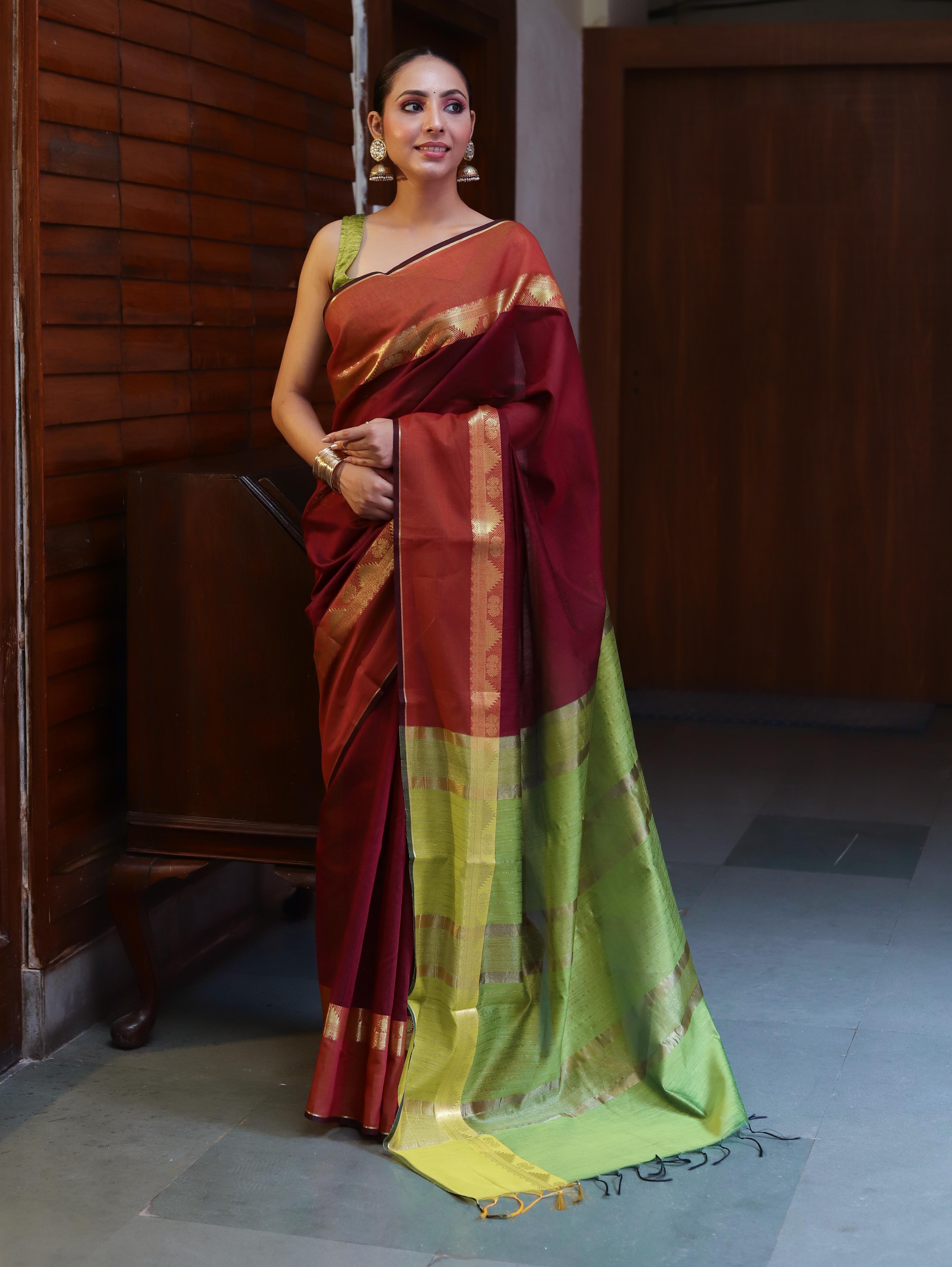 Banarasee Cotton Silk Saree With Gold Zari Border & Contrast Pallu-Burgundy & Green