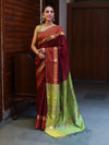 Banarasee Cotton Silk Saree With Gold Zari Border & Contrast Pallu-Burgundy & Green