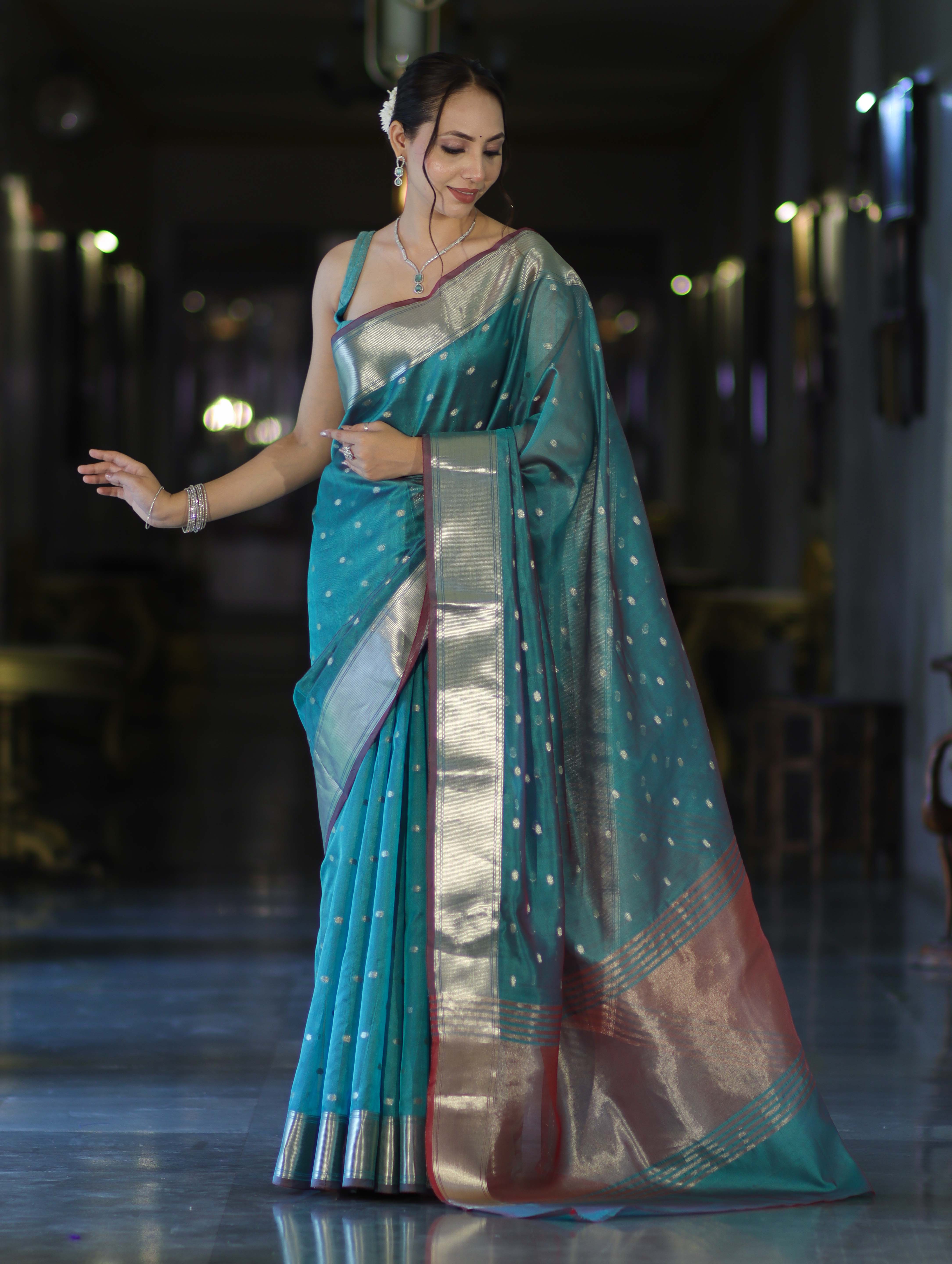 Banarasee Handloom Tissue Saree With Zari Buti Design & Border-Light Green