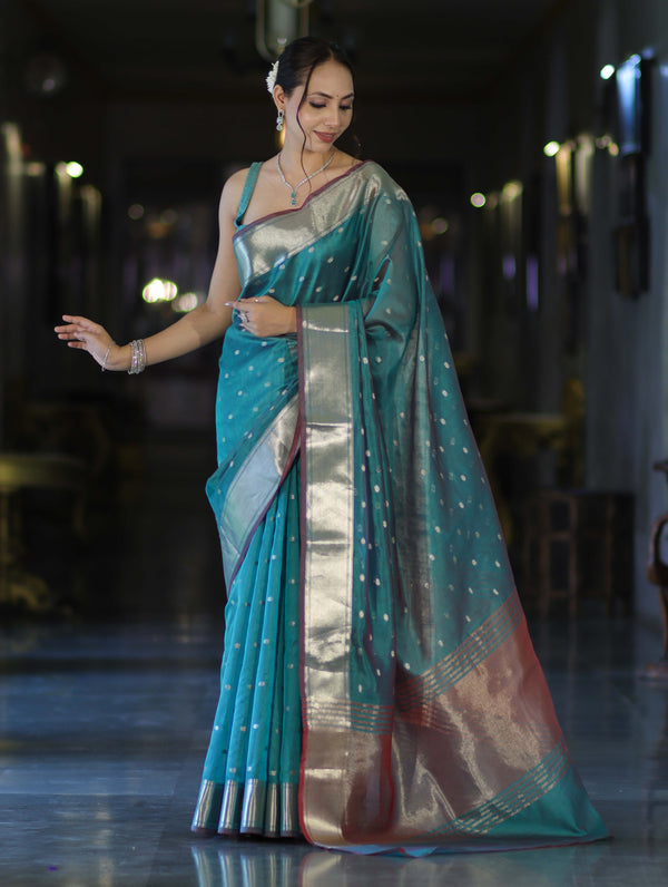Banarasee Handloom Tissue Saree With Zari Buti Design & Border-Light Green