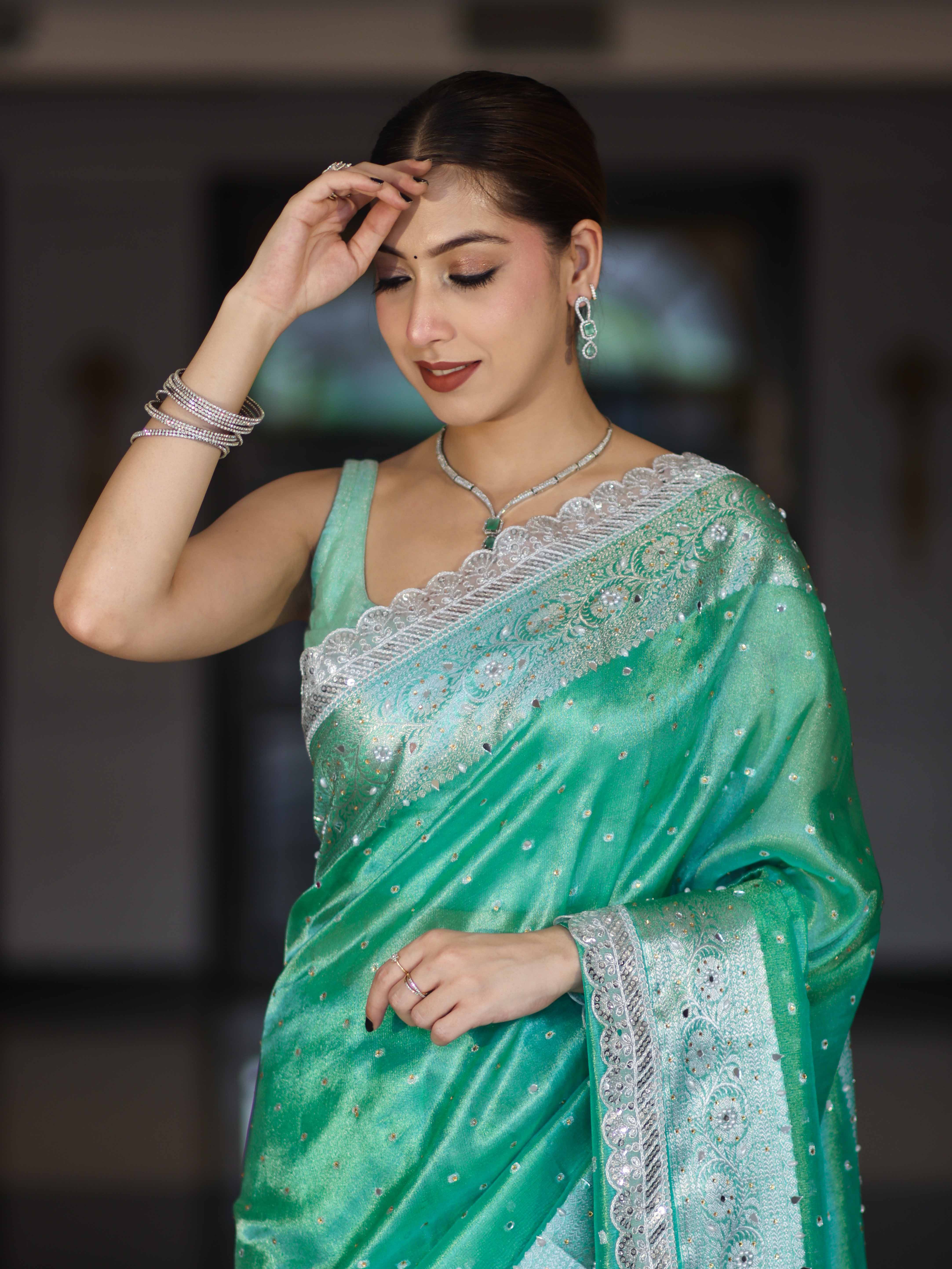 Banarasee Tissue Hand Embroidered Mirror Work Saree With Polka Dots Zari Border & Lace-Green