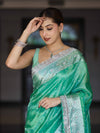 Banarasee Tissue Hand Embroidered Mirror Work Saree With Polka Dots Zari Border & Lace-Green