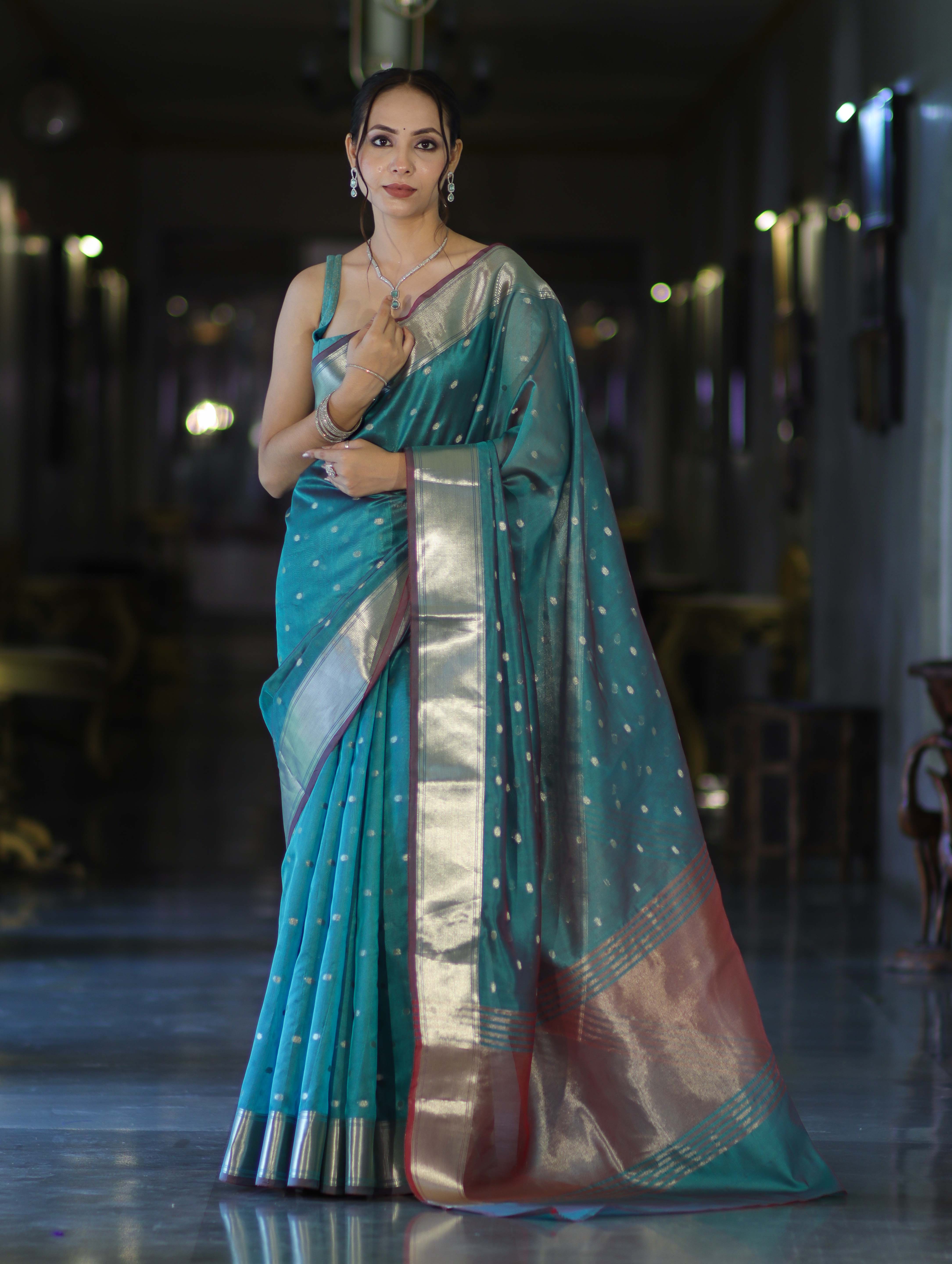 Banarasee Handloom Tissue Saree With Zari Buti Design & Border-Light Green