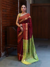 Banarasee Cotton Silk Saree With Gold Zari Border & Contrast Pallu-Burgundy & Green