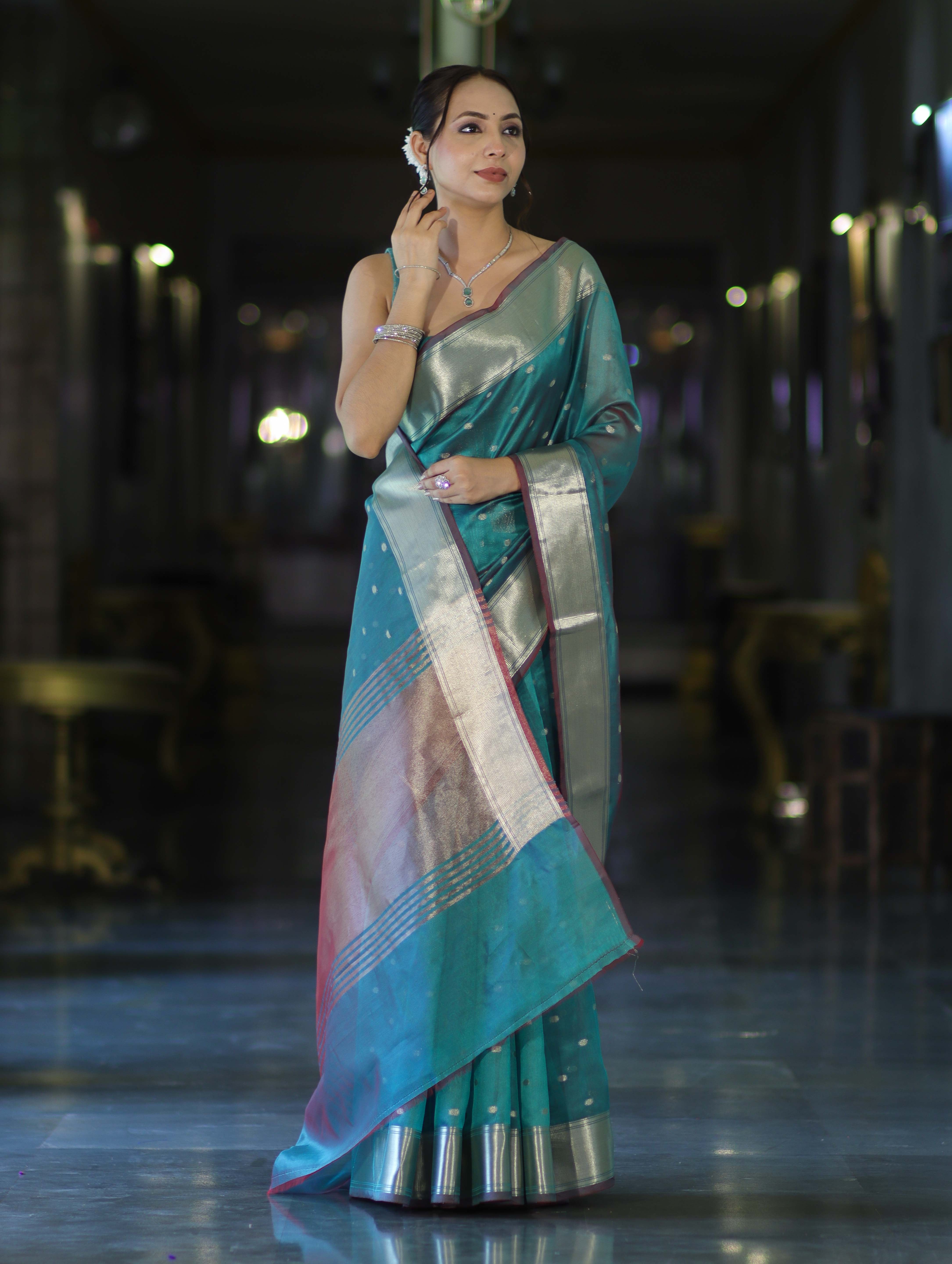 Banarasee Handloom Tissue Saree With Zari Buti Design & Border-Light Green