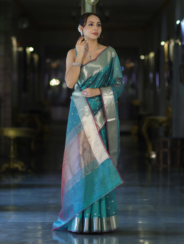 Banarasee Handloom Tissue Saree With Zari Buti Design & Border-Light Green