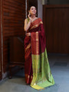 Banarasee Cotton Silk Saree With Gold Zari Border & Contrast Pallu-Burgundy & Green