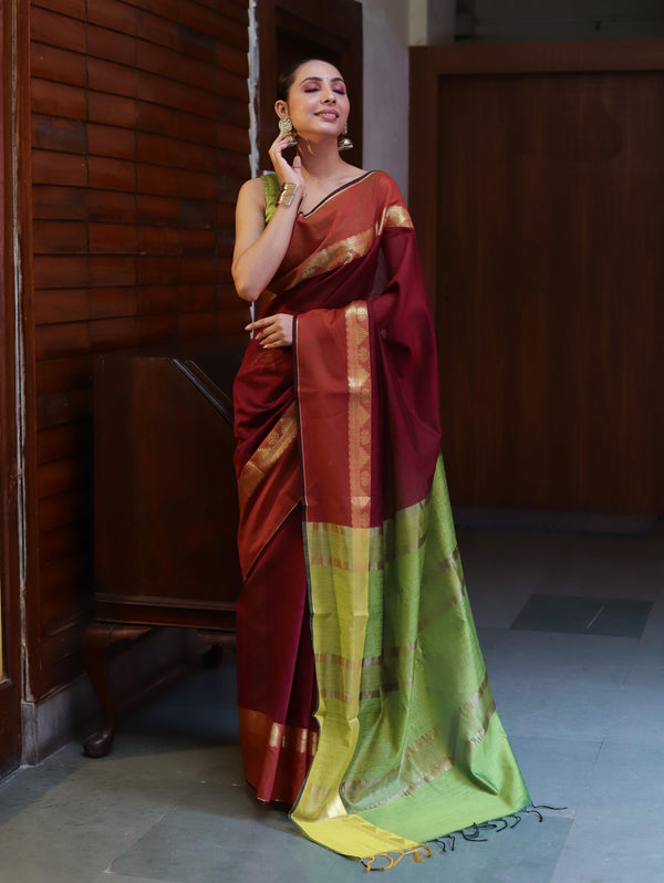 Banarasee Cotton Silk Saree With Gold Zari Border & Contrast Pallu-Burgundy & Green