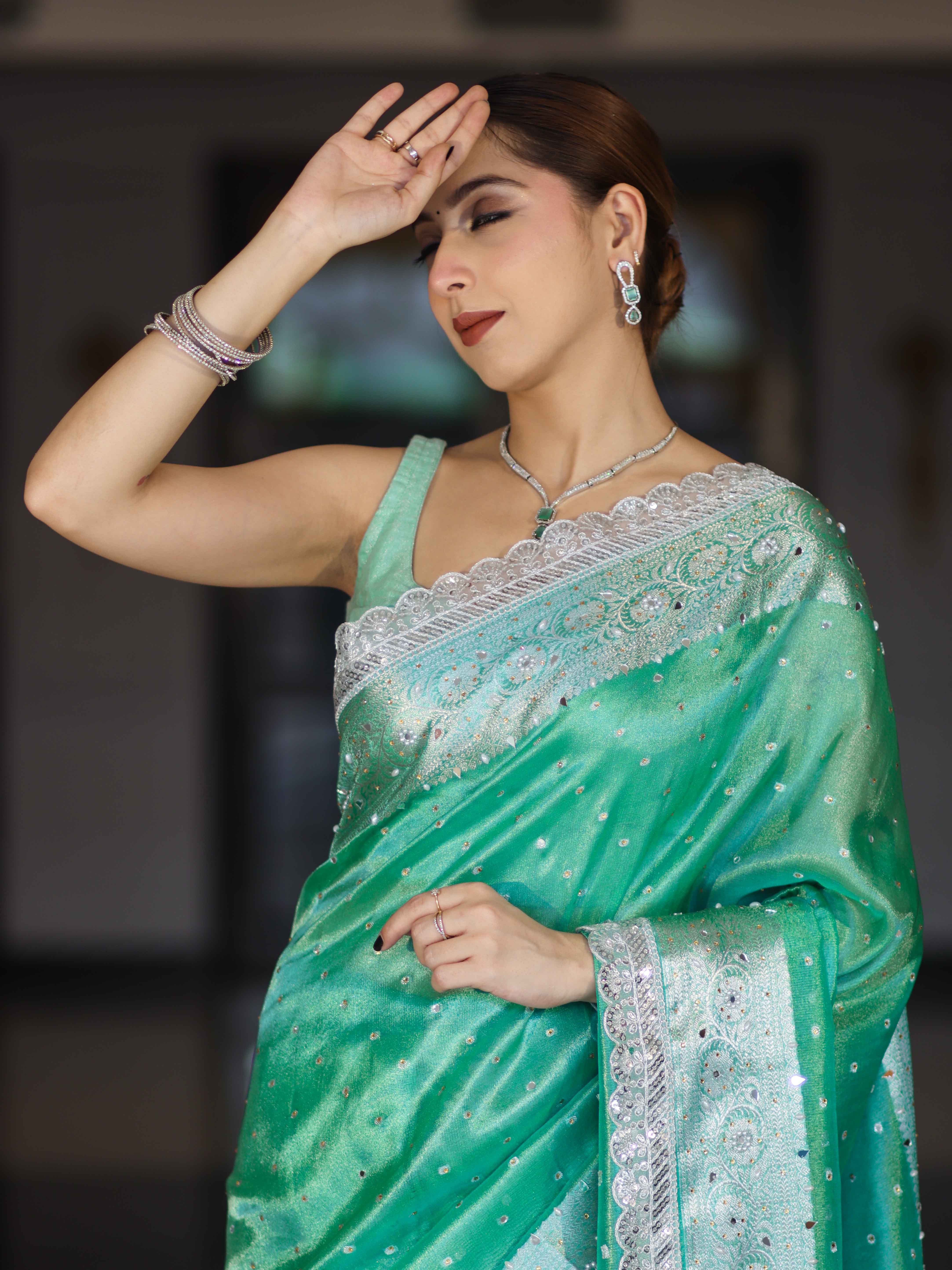 Banarasee Tissue Hand Embroidered Mirror Work Saree With Polka Dots Zari Border & Lace-Green