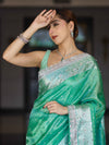 Banarasee Tissue Hand Embroidered Mirror Work Saree With Polka Dots Zari Border & Lace-Green