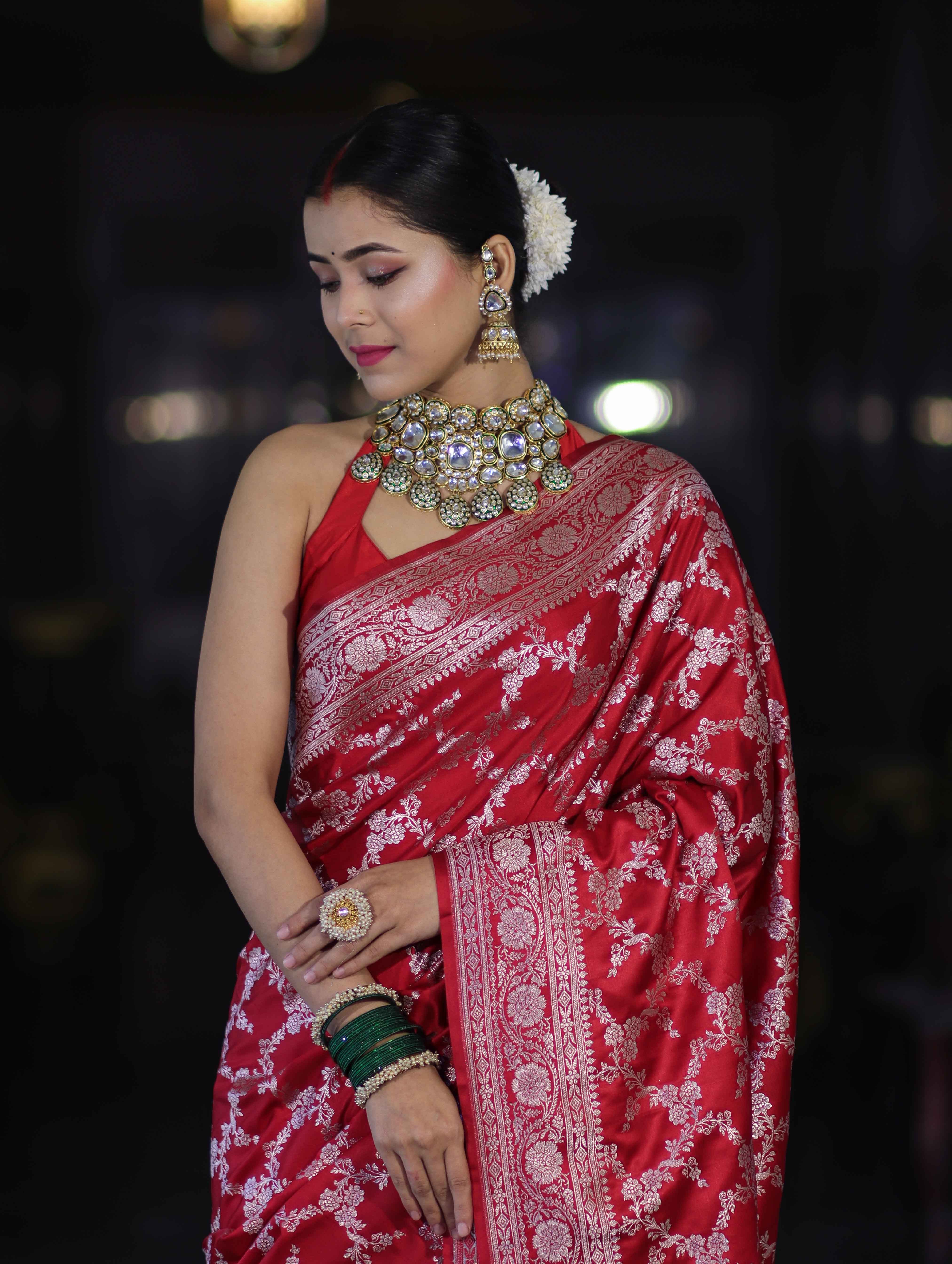 Banarasee Handloom Mashru Silk Saree With Zari Jaal Work & Floral Border-Red