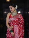 Banarasee Handloom Mashru Silk Saree With Zari Jaal Work & Floral Border-Red