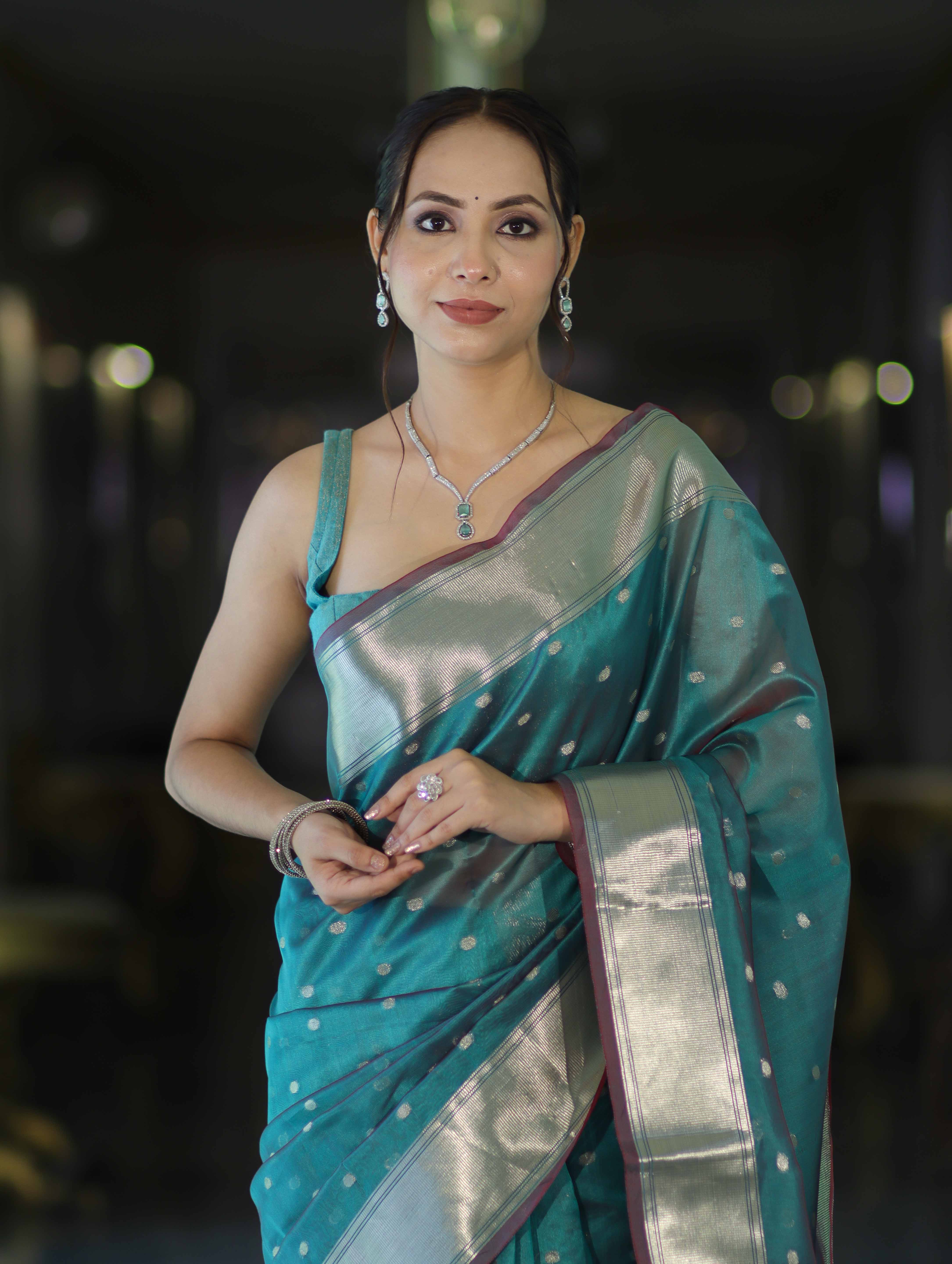 Banarasee Handloom Tissue Saree With Zari Buti Design & Border-Light Green