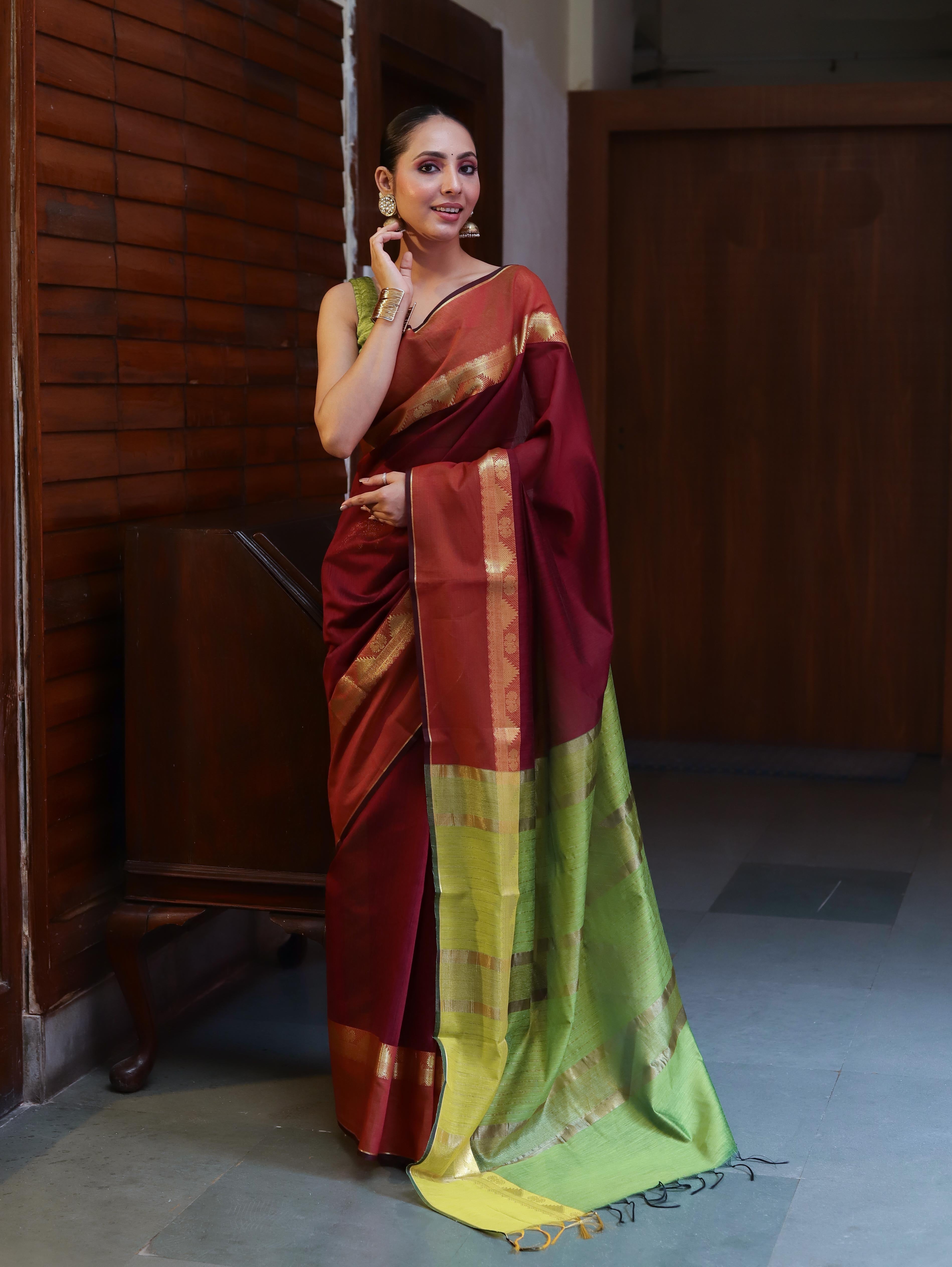 Banarasee Cotton Silk Saree With Gold Zari Border & Contrast Pallu-Burgundy & Green