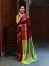 Banarasee Cotton Silk Saree With Gold Zari Border & Contrast Pallu-Burgundy & Green