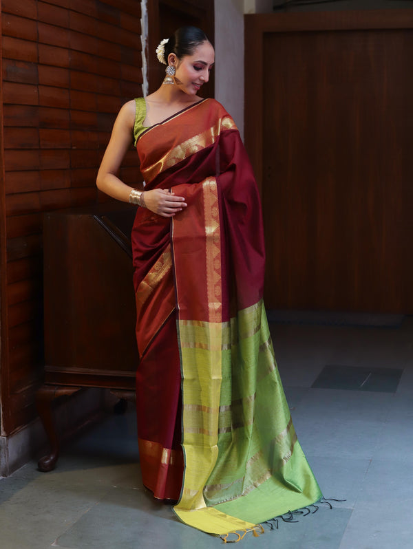 Banarasee Cotton Silk Saree With Gold Zari Border & Contrast Pallu-Burgundy & Green
