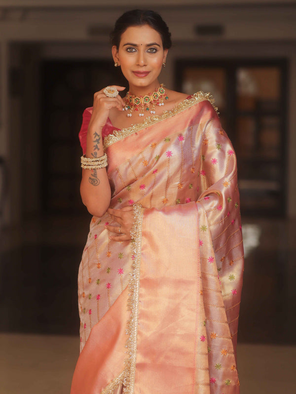 Banarasee Handwoven Embroidery Tissue Saree With Zari Broad Border & Lace-Pink