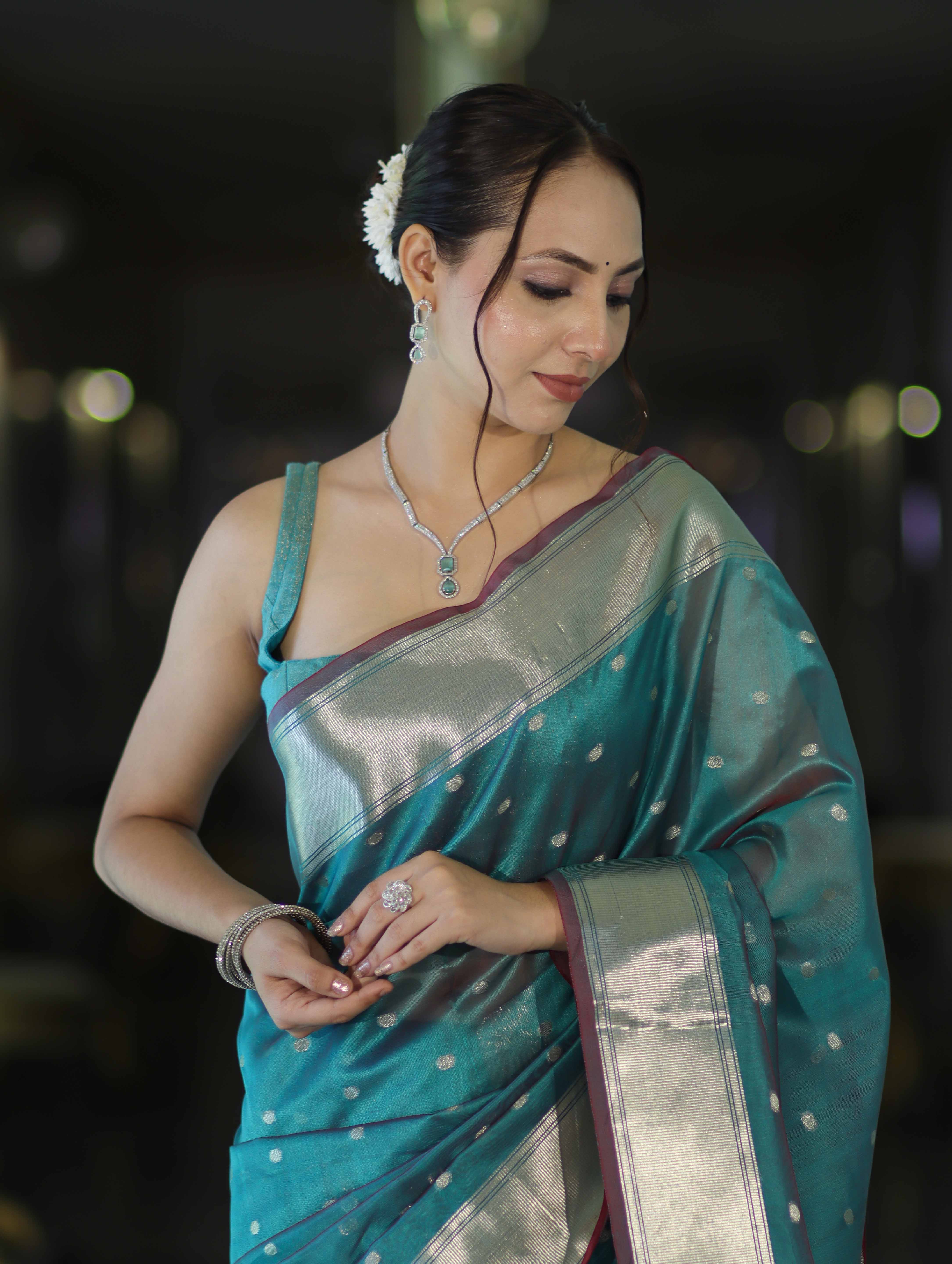 Banarasee Handloom Tissue Saree With Zari Buti Design & Border-Light Green