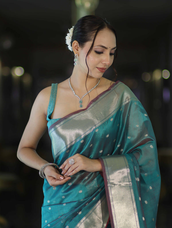 Banarasee Handloom Tissue Saree With Zari Buti Design & Border-Light Green