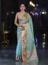 Banarasee Kota Checks Tissue Saree With Zari & Thread Embroidery & Contrast Border-Mint Green & Light Pink