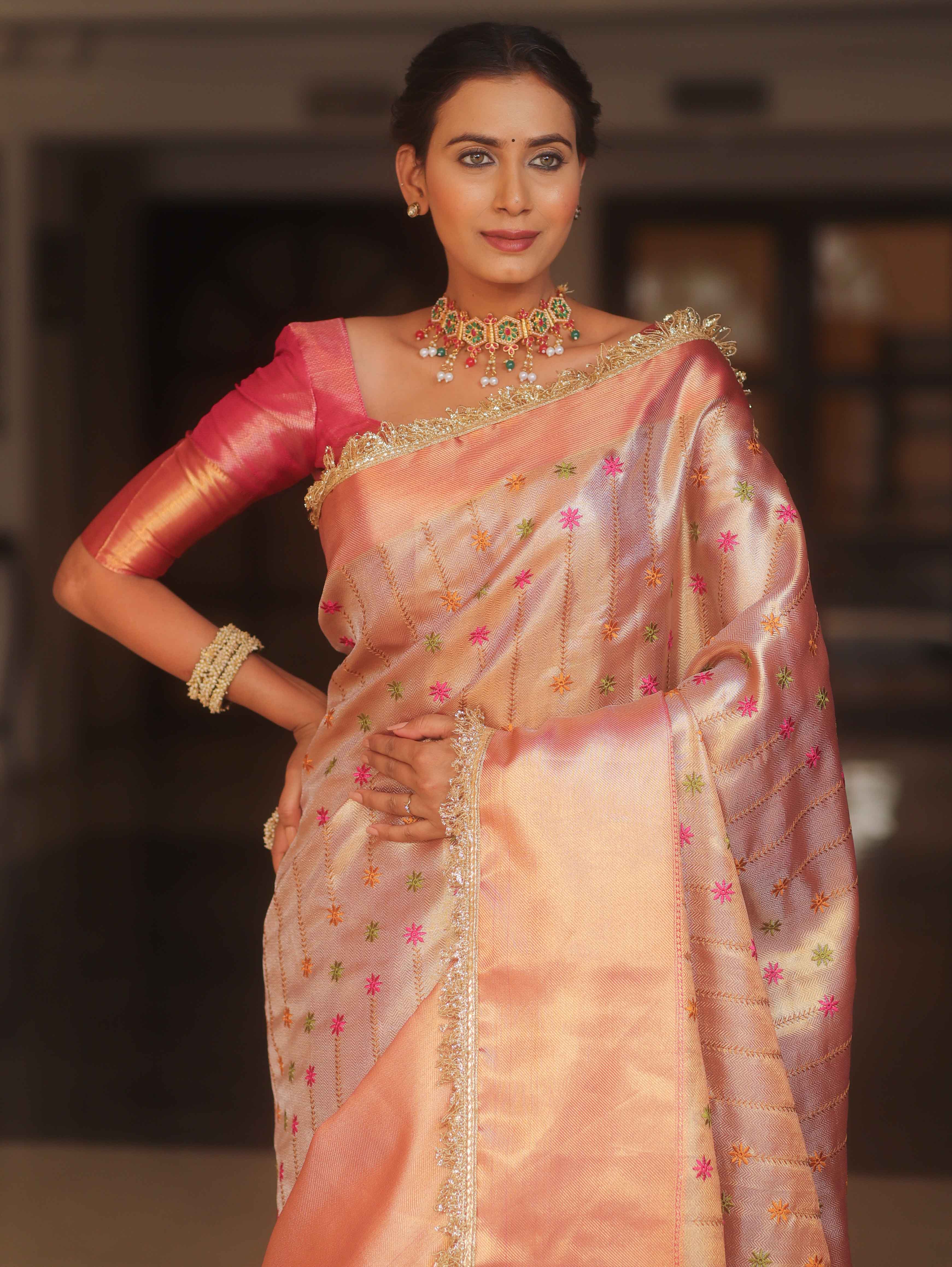 Banarasee Handwoven Embroidery Tissue Saree With Zari Broad Border & Lace-Pink