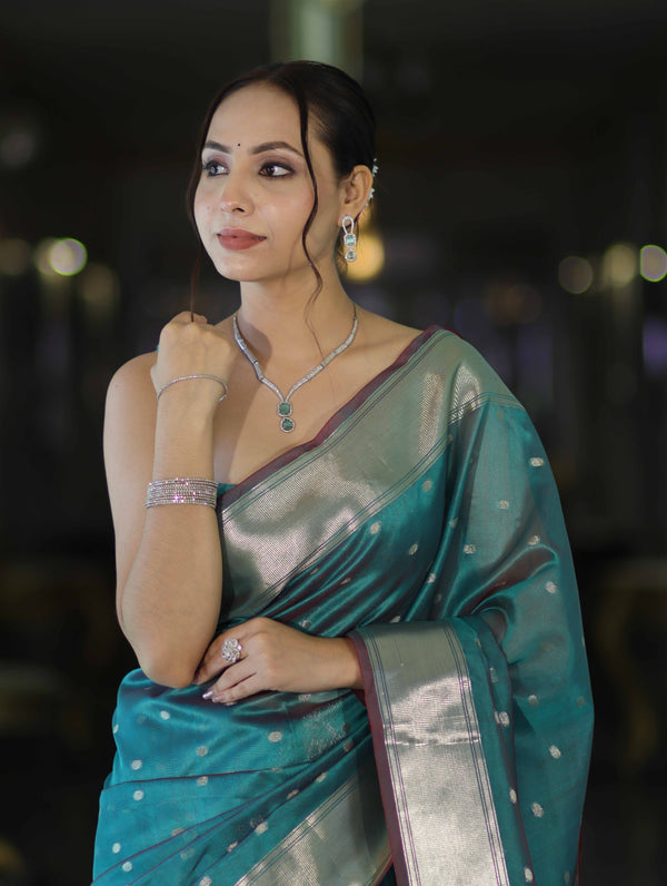 Banarasee Handloom Tissue Saree With Zari Buti Design & Border-Light Green