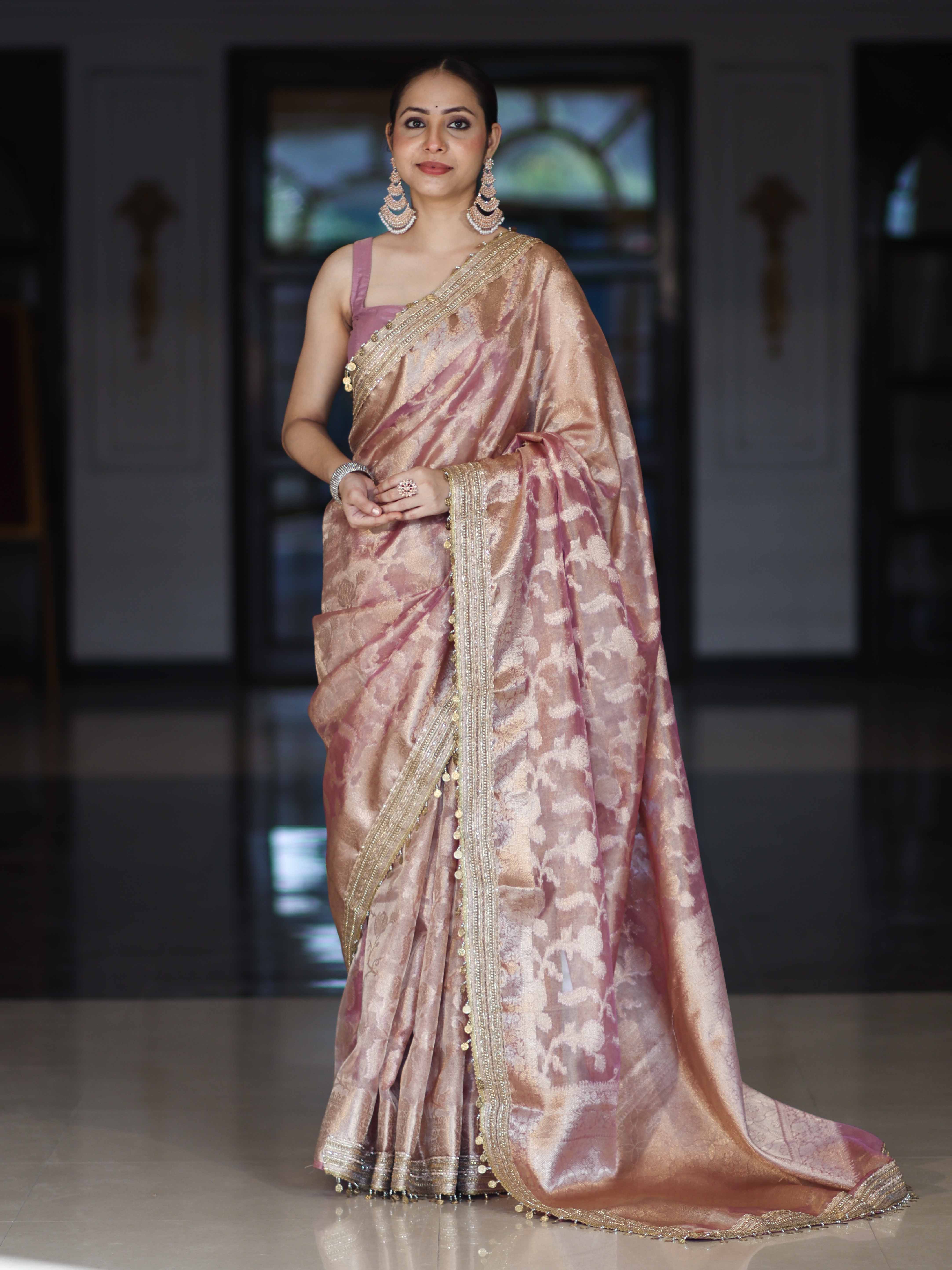 Banarasee Handwoven Tissue Saree With Zari Jaal Work Border & Lace-Onion Pink