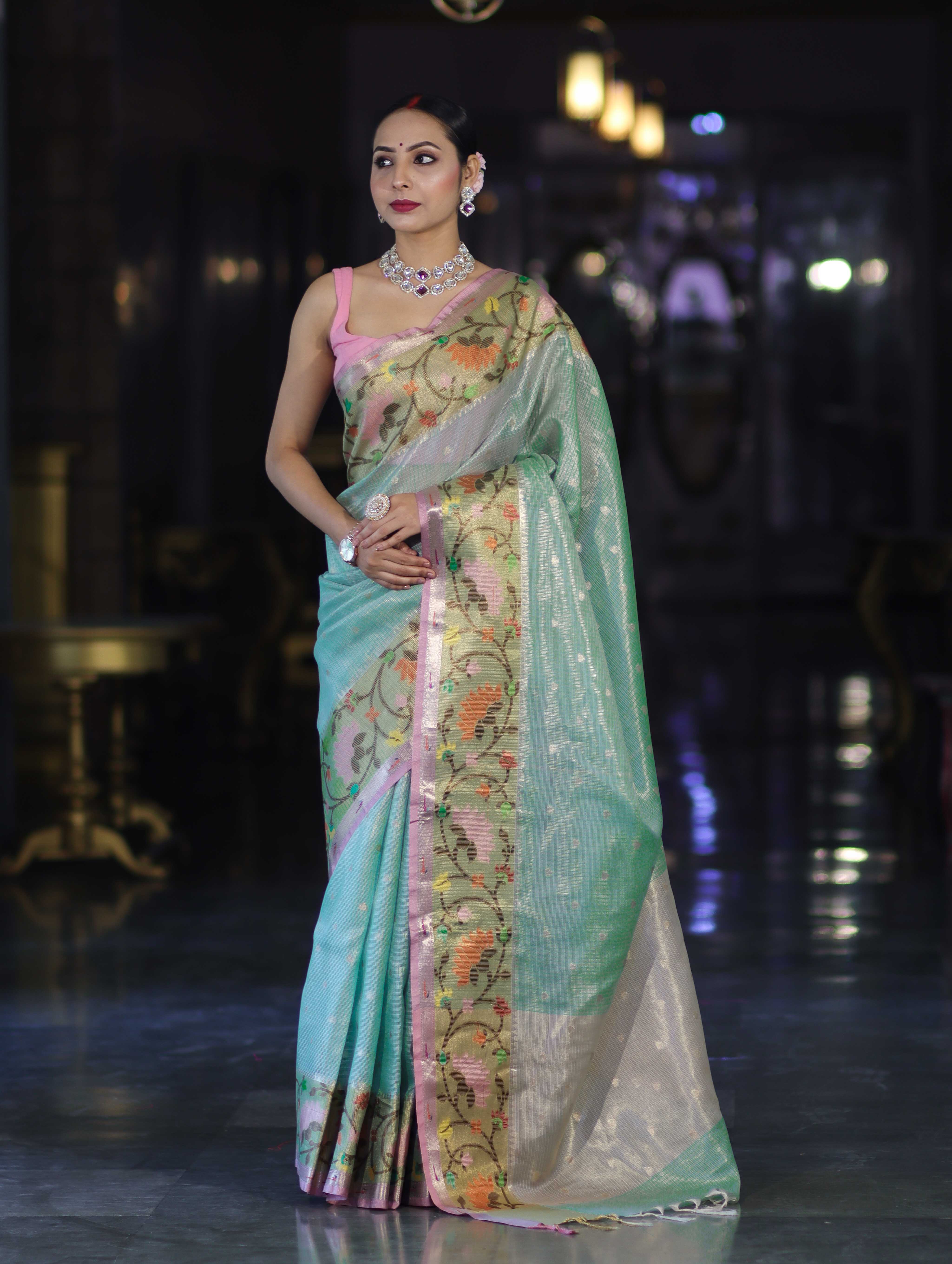 Banarasee Kota Checks Tissue Saree With Zari & Thread Embroidery & Contrast Border-Mint Green & Light Pink