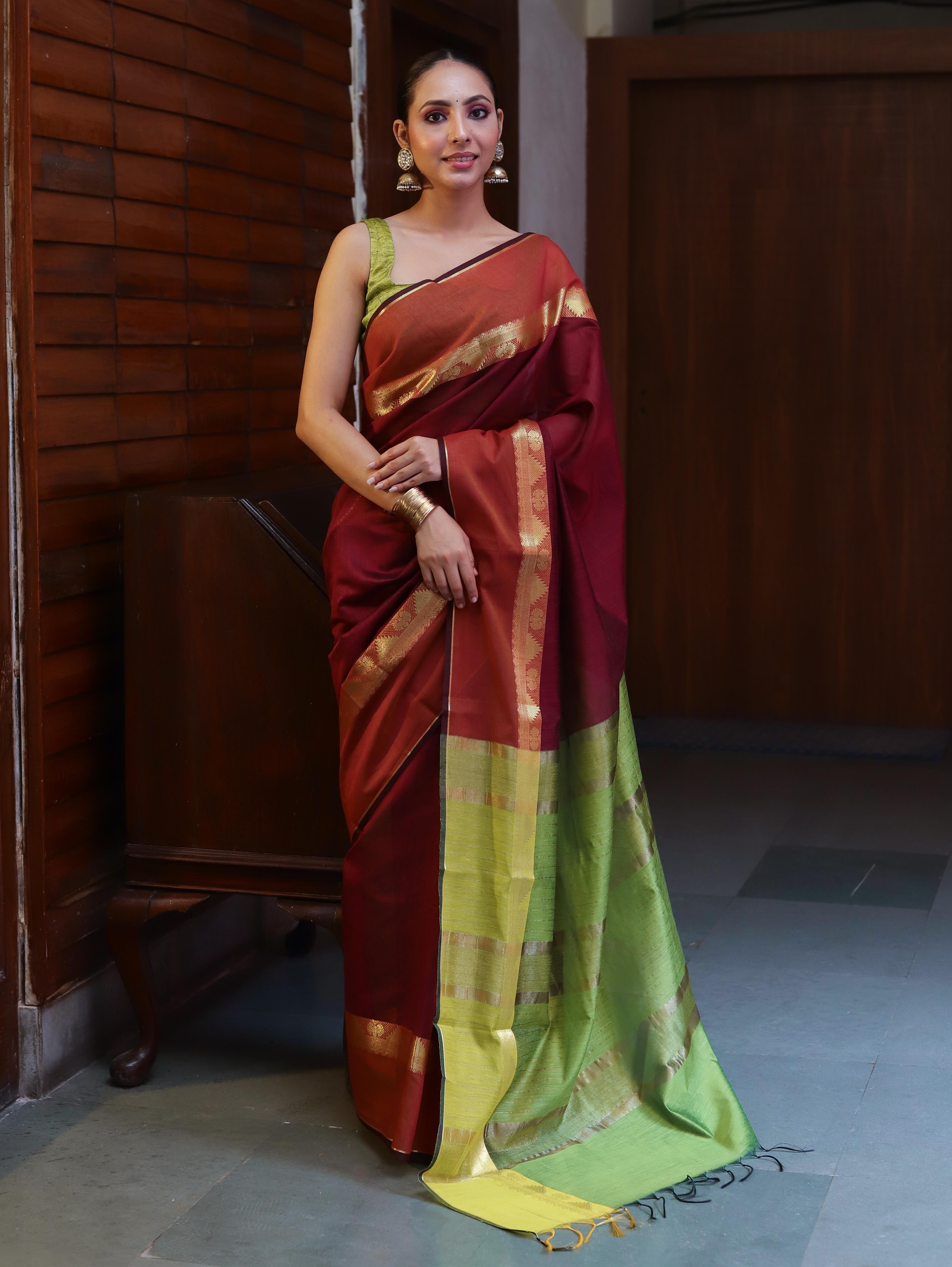 Banarasee Cotton Silk Saree With Gold Zari Border & Contrast Pallu-Burgundy & Green