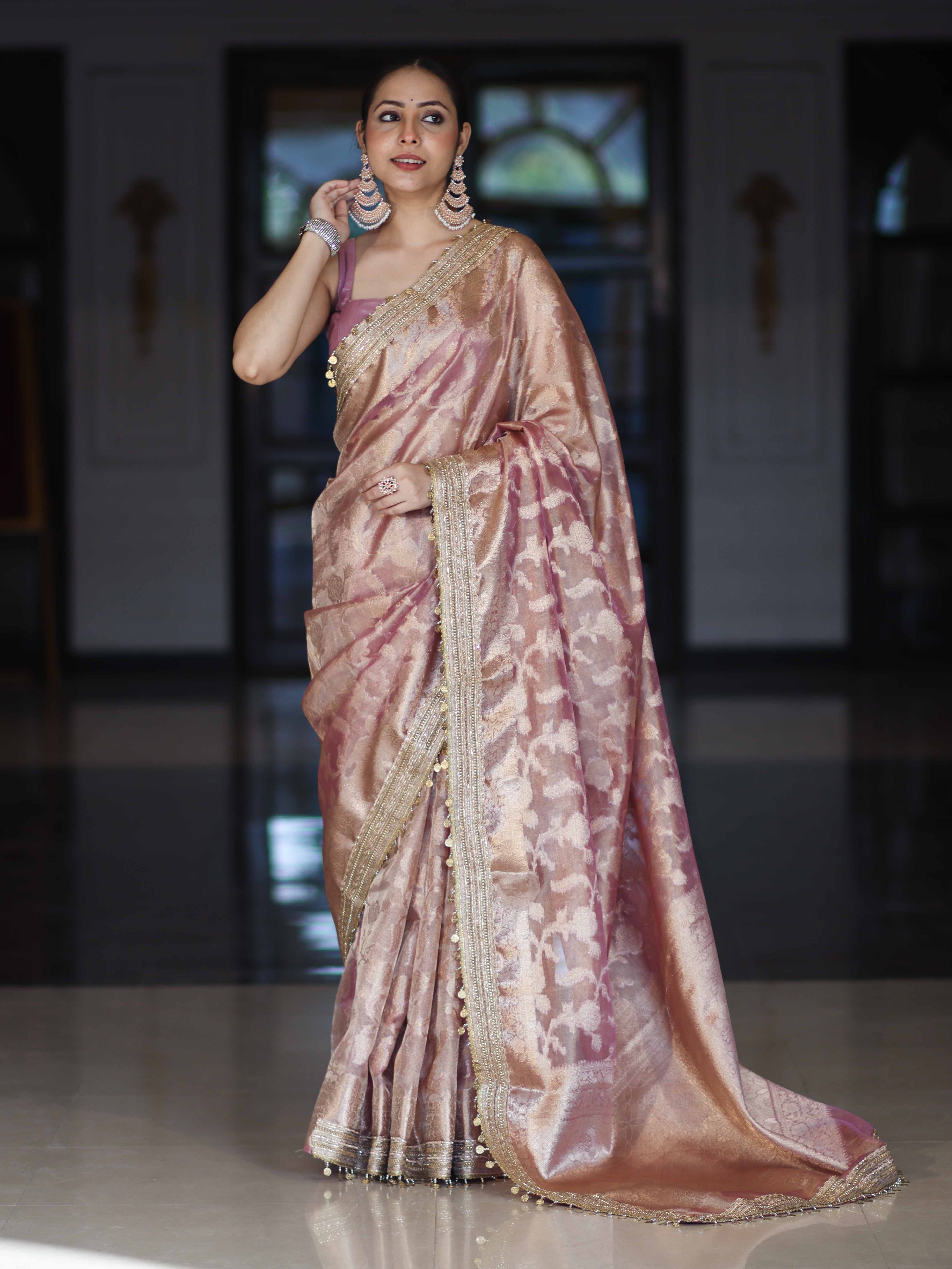 Banarasee Handwoven Tissue Saree With Zari Jaal Work Border & Lace-Onion Pink