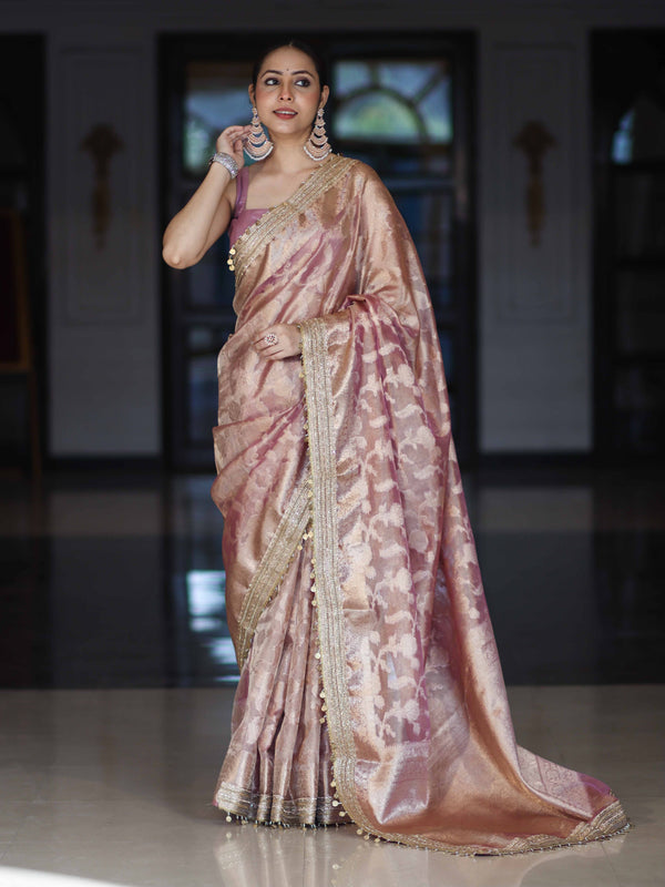 Banarasee Handwoven Tissue Saree With Zari Jaal Work Border & Lace-Onion Pink
